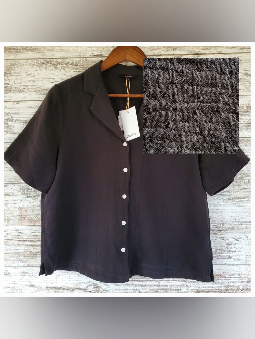 NWT Quince Black 100% Organic Cotton Gauze Short Sleeve Shirt Top